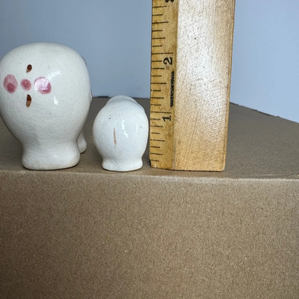 Vintage Ceramic Elephant Figurine‎ Set Mother Baby Pink Ears Crackle Glaze